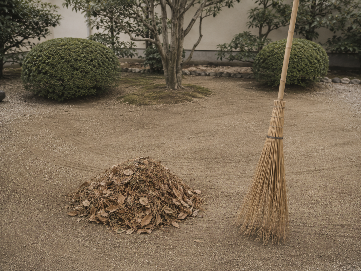 刈り込みを終えた植栽と、掃き目の残る庭の地面