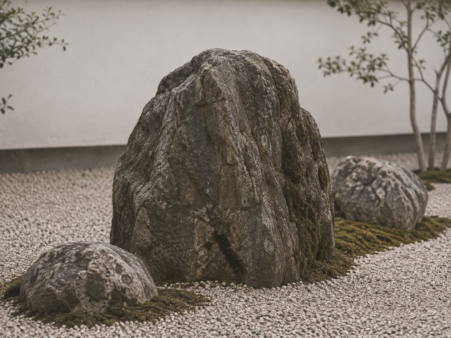 日本庭園に使う景石。灰褐色の岩肌に割れ目と苔のしみがあり、大小三石が据えられている